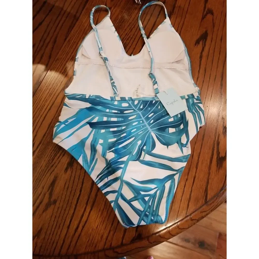 Cupshe Teal Blue & White Bamboo Leaf Print One‎ Piece Swimsuit Size Small NWT